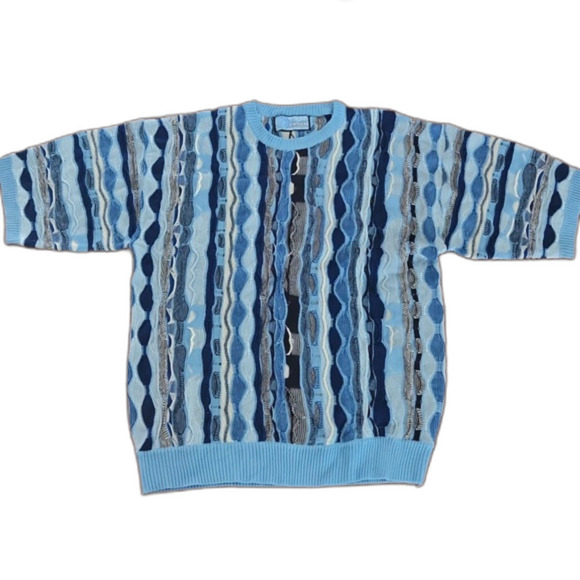 Clench 701 Jeans Men's Vintage 3D Knit Short Sleeve Sweater Light Blue/Navy XL